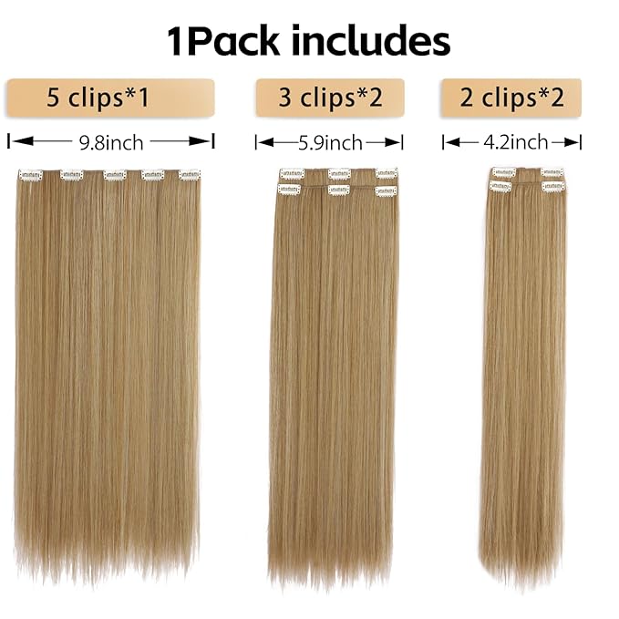 Hair Extensions Clip Ins Synthetic 18 Inch Long Straight Invisible Extension 5PCS Soft and Natural Fake Cheap Clips on Hairpieces for Women Party Daily Use 6.5 Oz Golden Brown Mix Bleach Blonde