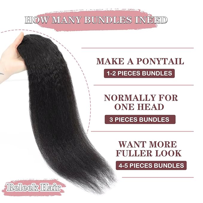 3 Bundles Human Hair Kinky Straight 24 26 28 Inch 12A Grade Unprocessed Yaki Straight Human Hair Brazilian Sew In Kinkycurly 3 Bundles Thick Virgin Hair Extensions Natural Color
