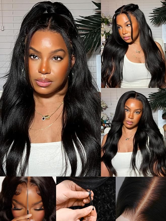Sunber Yaki Straight Human Hair Bye Bye Knots Pre Cut 7x5 Lace Front Wigs with Drawstring Upgrade 3D Cap Put On and Go 3S Wear Glueless Yaki Wigs Pre Plucked Pre Bleached Invisible Knots 26Inch