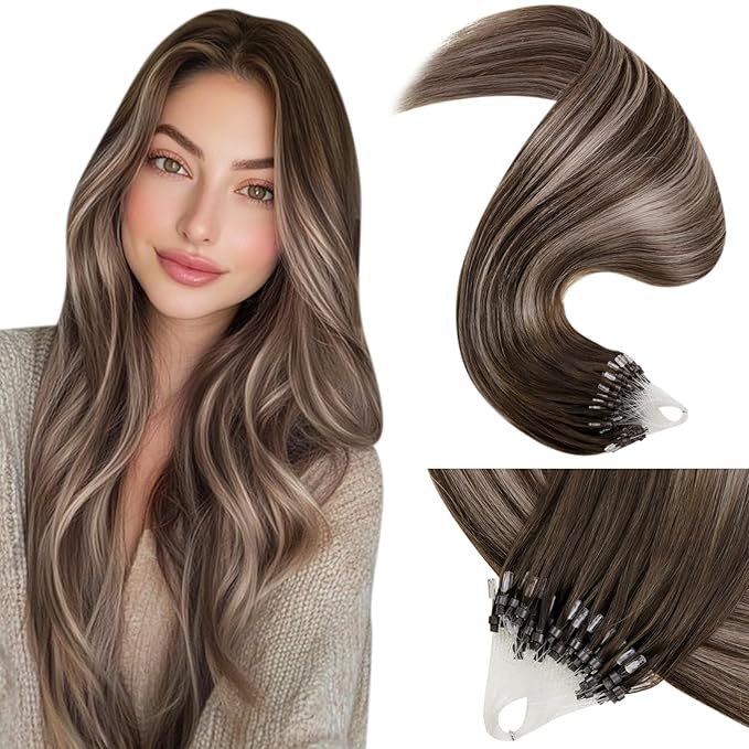 LaaVoo Microlink Hair Extensions Human Hair Brown Micro Beads Hair Extensions Balayage Dark Brown to Ash Brown Mix Brown Micro Hair Extensions Human Hair 14 Inch 50g 50s