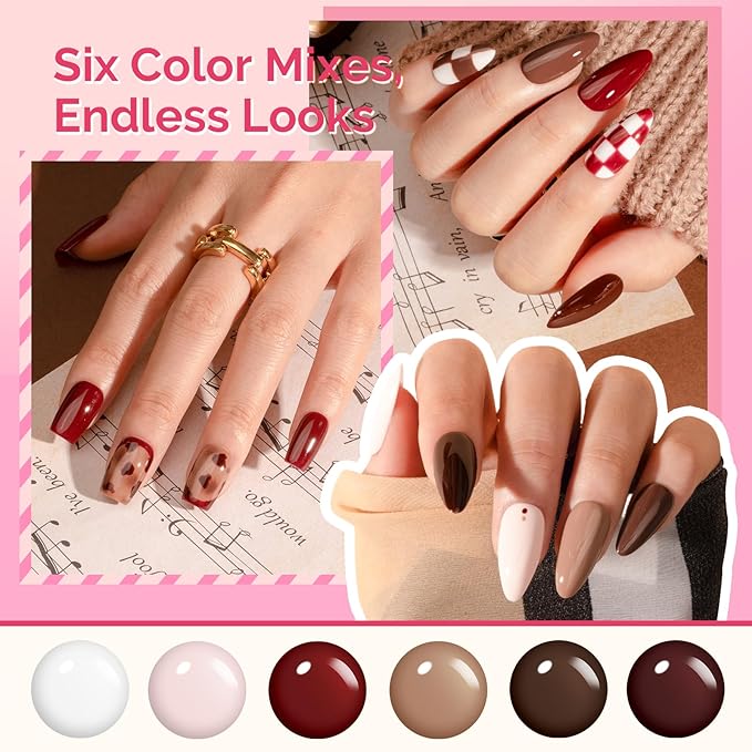 MelodySusie Highly Pigmented Gel Nail Polish Set, 0.56 fl.oz Tilt-and-Stand Bottle, HEMA Free Plant-Based Formula, 6 Colors Nude Neutral, Soak Off UV LED Manicure Kit Gift Box(Brown Nude Pink)
