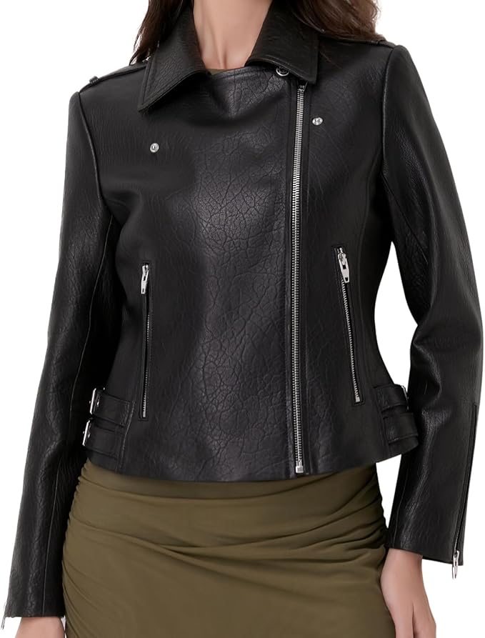 Lambskin Leather Jacket Women,Motorcycle Jacket,Asymmetrical Zip Style,Buckle Belts,Quilted Details