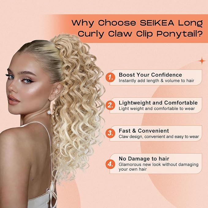 SEIKEA Ponytail Extension, 18" Claw Clip Ponytail Extension Wavy Curly Jaw Clip in Ponytail Hair Extensions Fluffy Natural Soft Fake Pony Tails Synthetic Hairpiece Dark Blonde/White Blonde Highlights
