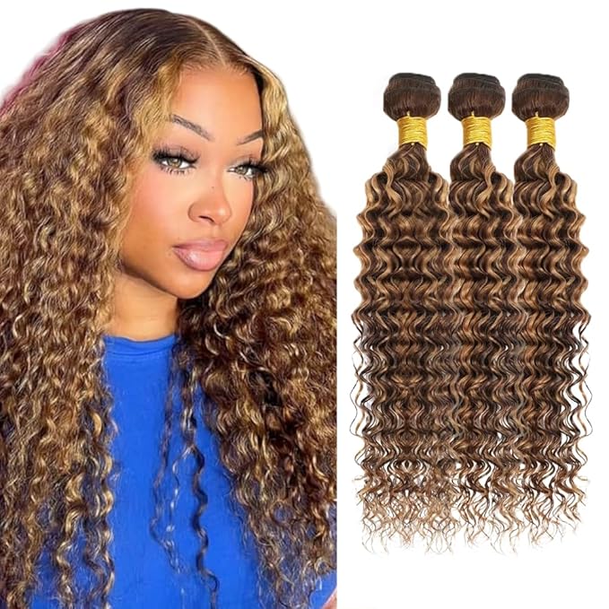 P427 Human Hair Bundle 27 Deep Wave Bundles Brown Human Hair Bundles 14 14 14 inch Highlight Deep Wave Bundle 300g