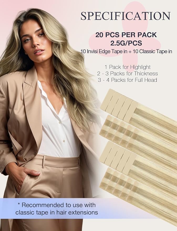 DOORES Invisi Edge Human Hair Extensions Tape in, Light Blonde Highlighted Golden Blonde 10 Injection Tape-ins with 10 Classic Tape-ins 50g 14 Inch, Injection Tape in Virgin Human Hair