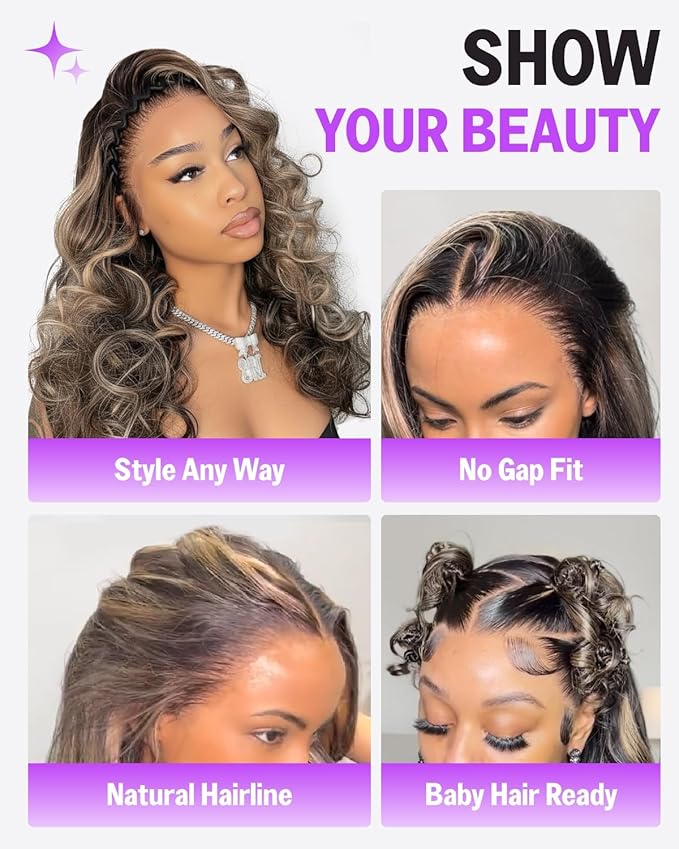 Glueless 13x6 Ombre Lace Front Wigs Human Hair Pre Plucked Pre Cut 220% Density Ear-to-Ear HD Lace Wig Highlight Drawstring Wig Human Hair fb27# 20 Inch