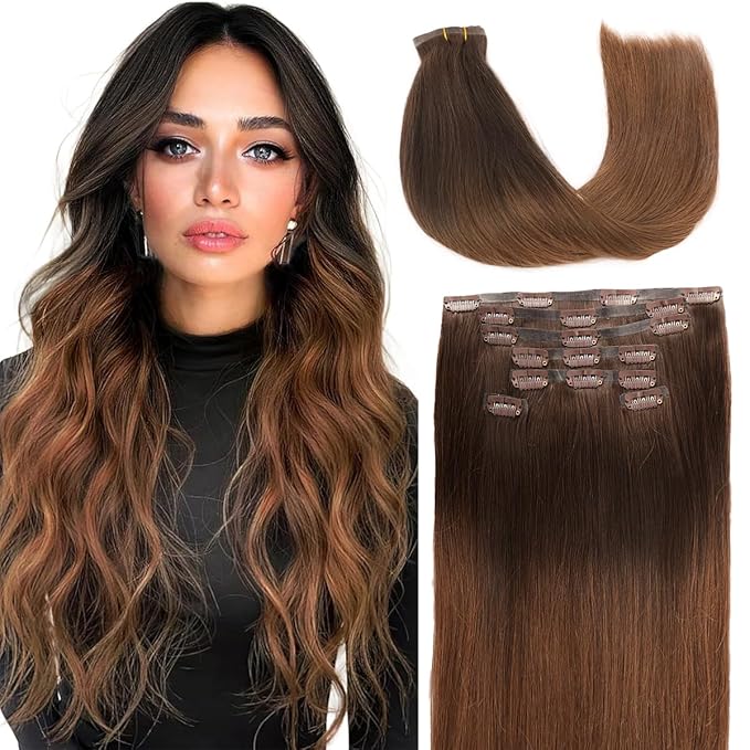 Seamless Clip in Hair Extensions Real Human Hair For Women 125g 20 Inch Dark Brown and Medium Brown Balayage Invisible PU Skin Weft Remy Human Hair Extensions clip ins 7Pcs 18 Clips