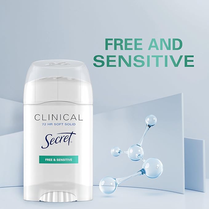 Secret Clinical Strength Antiperspirant Deodorant for Women, Free & Sensitive, 3X Stress Protection, 72hr Sweat & Odor Protection, PH Balancing Minerals, Invisible Solid, Unscented, 1.6 oz