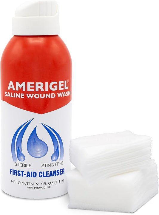 AMERIGEL Piercing Cleansing Aftercare Kit- Saline Wound Wash (4 oz.) + 2x2” Gauze Pads (Qty. 30) | Sterile Cleansing | Sterile Solution | Body Piercing | Body Modification | Portable and Compact