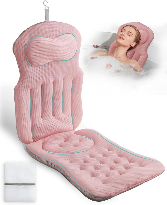 Full Body Bath Pillow for Bathtub, 5D Thick Tub Pillow for Bathtub with 192 Non-Slip Suction Cups, Laundry Bag & Hook, Bathtub Pillow for Head, Neck & Back Support (Pink, 51"*15")