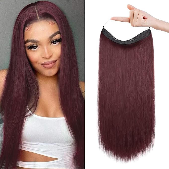 REECHO Invisible Wire Hair Extensions with Transparent Headband Adjustable Size Removable Secure Clips in Straight Secret Hairpiece for Women (24 Inch (Pack of 1), Wine Red)