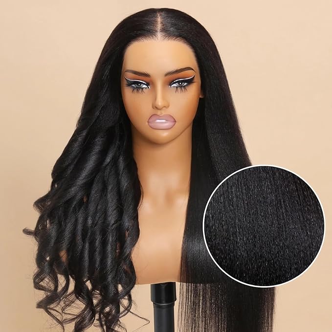Julia Hair Bye Bye Knots Glueless Wig Yaki Human Hair Lace Wig Invisible Knots Put On and Go Pre Cut 7x5 Lace Front Wigs for Beginners Pre Bleached Pre Plucked No Glue150% Density 26 Inch