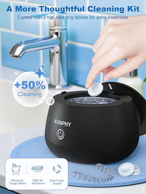 KUNPHY 2026 Ultrasonic Retainer Cleaner Machine, 48kHz Dental Cleaning Pod for Braces, Night Guard, Mouthguard, Toothbrush, Jewelry, 7Oz Denture Cleaner Machine