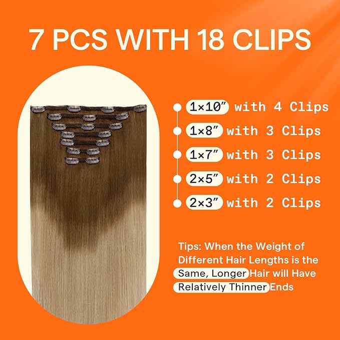 Full Shine Human Hair Clip in Extension 18 Inch Golden Brown Ombre Clip on Hair Extensions for Thinning Hair Golden Brown to Blonde Hair Extensions Clip ins for Women Straight 7 Pcs 120 G
