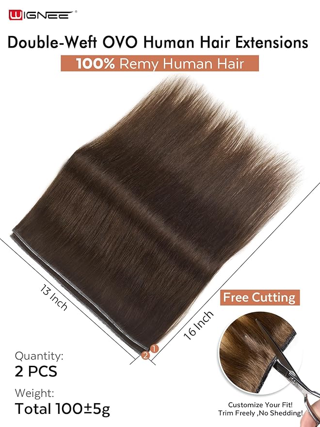 WIGNEE Double Invisible PU OVO Human Hair Extensions 100% Remy Hair Weft Brown Hair Extensions Human Hair 2 PCS 16 Inch No Glue Genius Micro Bead Real Human Hair Extensions (2)