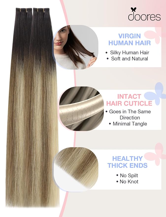 DOORES Invisi Edge Human Hair Tape in Extensions, 18 Inch, Dark Brown to Dirty Blonde, 10 Injection Tape-ins with 10 Injection Tape-ins, 50g, Straight