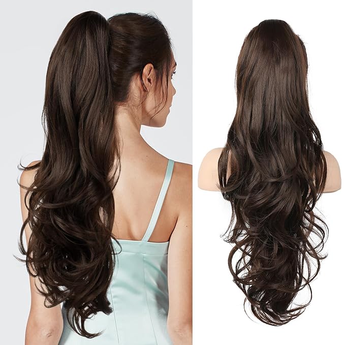 Flufymooz 26" Ponytail Extension, Long Wavy Curly Claw Clip in Ponytail Hair Extensions, Natural Synthetic Hairpiece for Women Daily Wear(Dark Chocolate Brown)