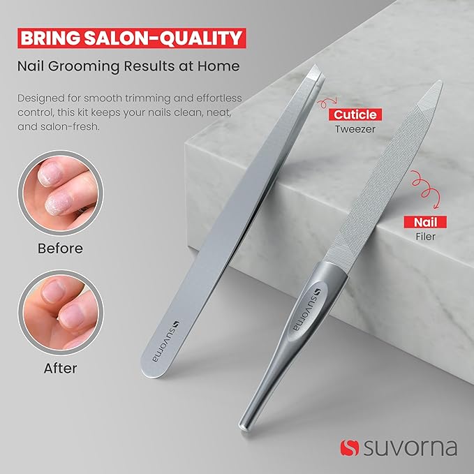 Suvorna Manicure Pedicure set with Toenail Clippers, Cuticle Nippers, Nail Clippers, Nail Scissors, 2 Cuticle Pusher, Nail File & Tweezer - Made with Stainless Steel - Nail Care kit (Black, 8 Pcs)
