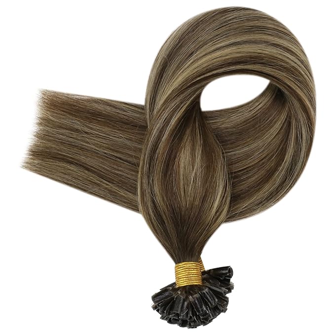 Fshine U Tip Hair Extensions Human Hair Ombre Remy Pre Bonded Hair Extensions Balayage Dark Brown Fading to Caramel Blonde and Chocolate Brown 22 Inch Hot Fusion Extensions for Women 50g/50s