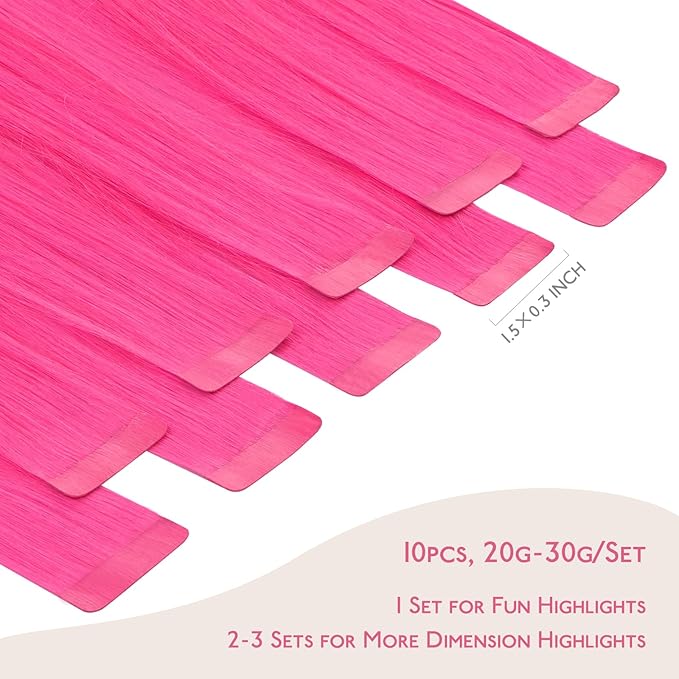 WENNALIFE Tape in Hair Extensions Human Hair Hot Pink Tape in Extensions, 10pcs 20g 10 inch Remy Invisible Tape Ins Straight Colored Soft Real Human Hair Tape in Extensions Refill Set Extensions