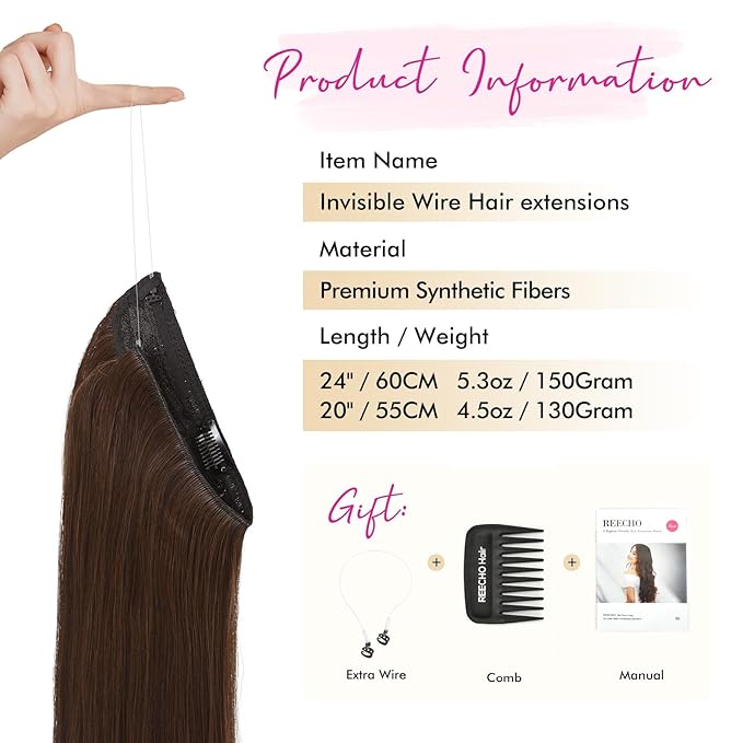 REECHO Invisible Wire Hair Extensions with Transparent Headband Adjustable Size Removable Secure Clips in Straight Secret Hairpiece for Women (24 Inch (Pack of 1), Dark Brown with Copper Highlights)