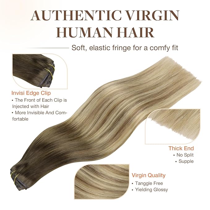 GOO GOO Invisi Edge Clip in Hair Extensions Set, 14inch 150g, 5pcs Injected Seamless PU Clip ins and 4pcs Classical PU Clip insn Real Human Hair, #(T3/8) P(T3/613)