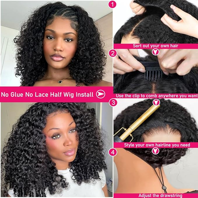 Glueless Half Wigs Human Hair Burmese Curly Headband Wig Upgrade 3 In 1 Half Wig with Drawstring Seamless Clip Ins Flip Over 200 Density Afro Wig Human Hair For Black Women 16 Inch