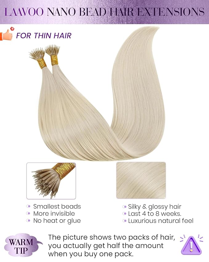 LaaVoo Nano Bead Hair Extensions Human Hair Bleach Blonde Nano Human Hair Extensions Cold Fusion Nano Hair Extension Real Straiht 50s 50g 14 Inch