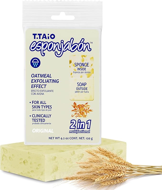 T.Taio Esponjabon Mother of Pearl Soap Sponge - Revitalizing Shower Scrubber for Bath Wash & Oil Removal - Bathroom Essentials with Fresh Scents - Oat with Mini