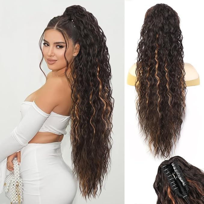 ENBEAUTIFUL 30" Claw Clip Ponytail Extension Long Wavy Ponytail Extension Synthetic Pony Tails Hair Extensions Clip in Hair pieces Fluffy Natural Looking for Women Chocolate Brown with Caramel Blonde