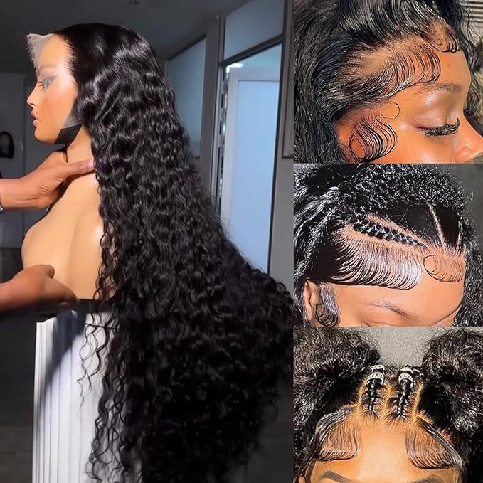 Manorshen 36Inch 13x6 Deep Wave Lace Front Wigs Human Hair HD Transparent Lace Frontal Wigs Human Hair Pre Plucked Deep Curly Wigs for Women Wet and Wavy Glueless Wigs Natural Black 180% Density