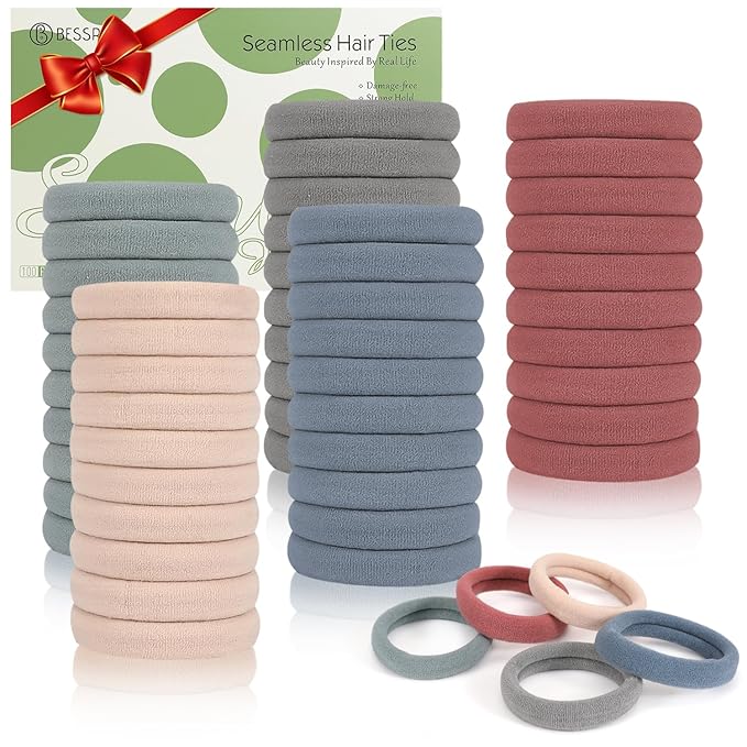 Bessrung 100 PCS Seamless Nylon Hair Ties, No Damage Elastics Hair Ties for Women Girls, Soft Stretchy Ponytail Holders for Thin Thick Hair, Snag-Free Hair Bands Christmas Gift(Lake-Blue)