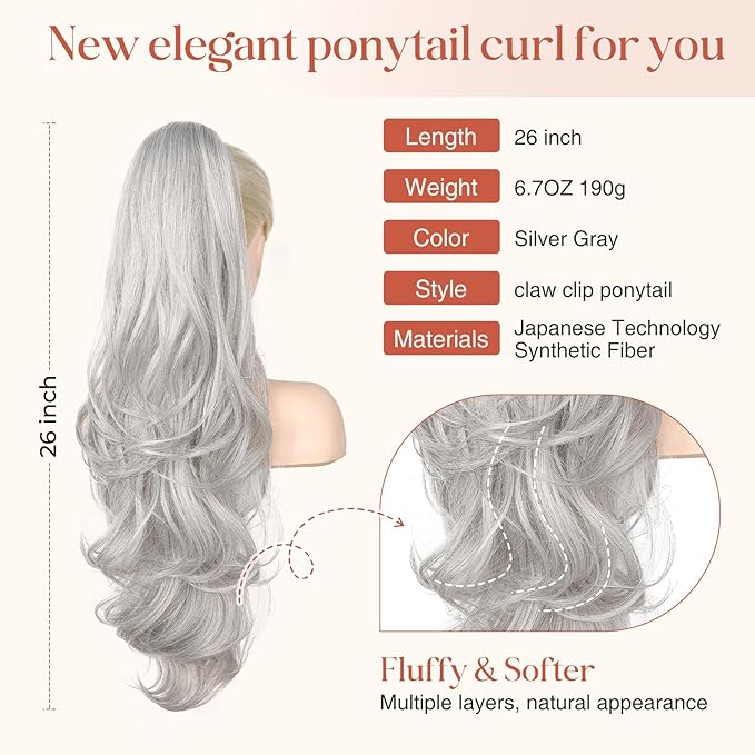 Flufymooz 26" Ponytail Extension, Long Wavy Curly Claw Clip in Ponytail Hair Extensions, Natural Synthetic Hairpiece for Women Daily Wear(Silver Gray)
