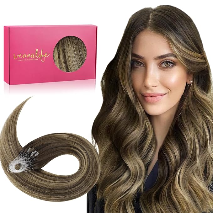 WENNALIFE Microlink Hair Extensions Human Hair, 50g 50s 20 Inch Balayage Chocolate Brown to Caramel Blonde Remy Hair Microbead Micro Link Microloop Microring Invisible Straight Natural Fusion