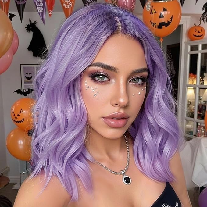 AISI HAIR 14 Inch Light Purple Wigs for Women - Shoulder Length Wave Wig with Pre-Cut Lace Hairline, Middle Part Natural Wavy Bob Synthetic Heat Resistant Fiber for Daily and Party