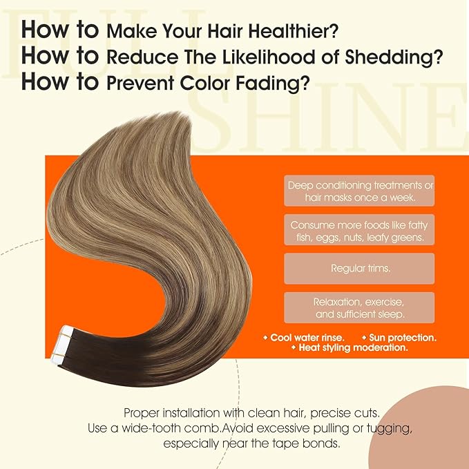 Full Shine Human Hair Tape in Extensions Color 2 Darkest Brown Ombre 8 Ash Brown Highlight with 27 Blonde Double Sided Tape in Hair Extensions 22Inch Long Seamless Skin Weft 50G 20Pcs
