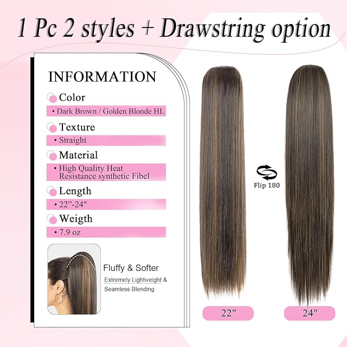 Ponytail Extension, 24" Long Straight Claw Clip Ponytail Extension clip on ponytails hair clip Hair claw clip Fake Ponytail Hairpieces for Women - Dark Brown with Blonde HL