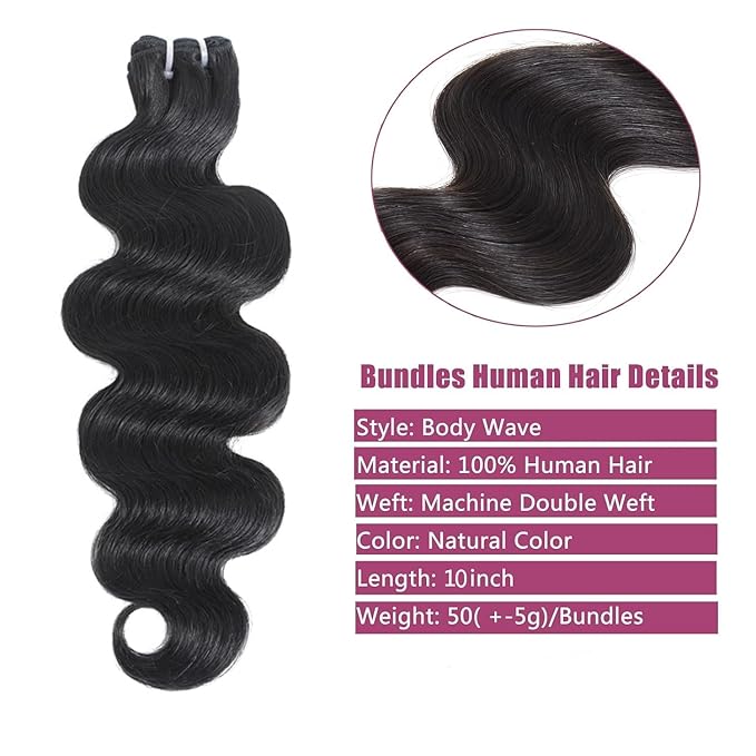 10 Inch Body Wave Bundles 100% Unprocessed Brazilian Virgin Human Hair (4 Pack, 4x50g) Natural Color Quick Weave Hair Extensions