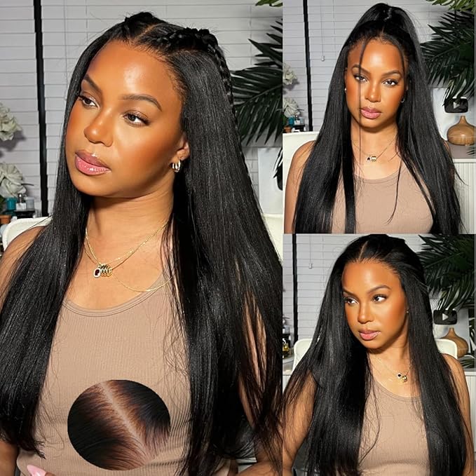 Julia Hair Bye Bye Knots Glueless Wig Yaki Human Hair Lace Wig Invisible Knots Put On and Go Pre Cut 7x5 Lace Front Wigs for Beginners Pre Bleached Pre Plucked No Glue150% Density 24 Inch