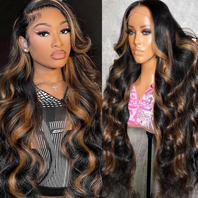30Inch 13x6 Highlight Body Wave Lace Front Wig Human Hair Pre Plucked 180% Density 1B/30 Ombre Frontal Wigs Brazilian Virgin Human Hair Wigs for Women Pre Plucked with Baby Hair