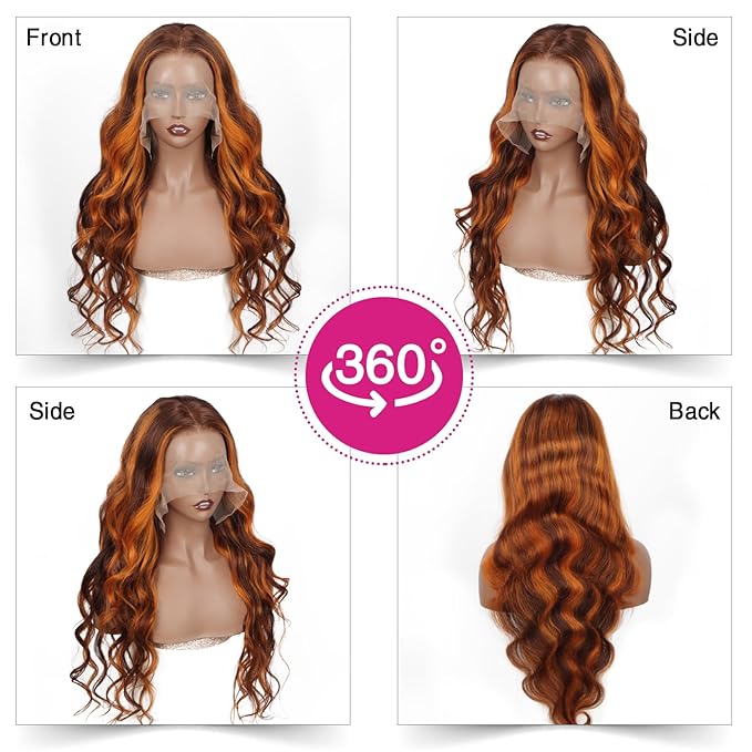 32inch 13 ×6 Brown Ginger Body Wave Lace Front Wigs Human Hair Pre Pluckd with Baby Hair 180% Density Brown Ginger Highlight Wigs Human Hair HD Lace Front Wig Colored Wigs for Women