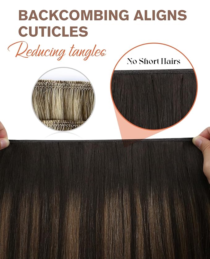 Sunny Hair Genius Sew in Hair Extensions Real Human Hair 24inch Genius Weft Hair Extensions Balayage Dark Brown Mixed Chestnut Brown Human Hair Weft Extensions for Long Hair