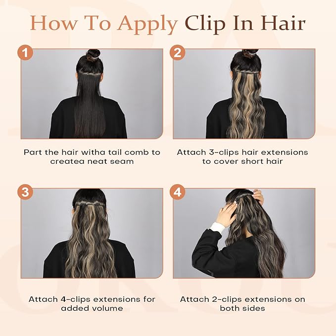 Vigorous Wavy Hair Extension for Women 4Pcs Black Mix Blonde Long Clip in Hair Extensions Soft Synthetic Hairpieces (24 inches, Black Mix Blonde)