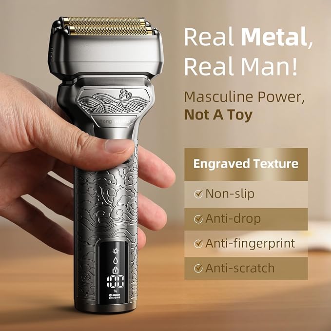Electric Razor for Men Face: Rechargeable Foil Shaver with Push-Up Trimmer - Cordless Wet/Dry/Anti-Slip Waterproof Shavers with LED Display - Metal Handheld Design, Light Gray Upgraded