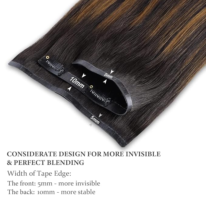 HOTBANANA Seamless Clip in Hair Extensions Balayage Dark Brown Mixed Golden Brown16 inch 130g 7pcs Clip in Remy Human Hair Extensions Straight Hair Invisible PU Skin Weft