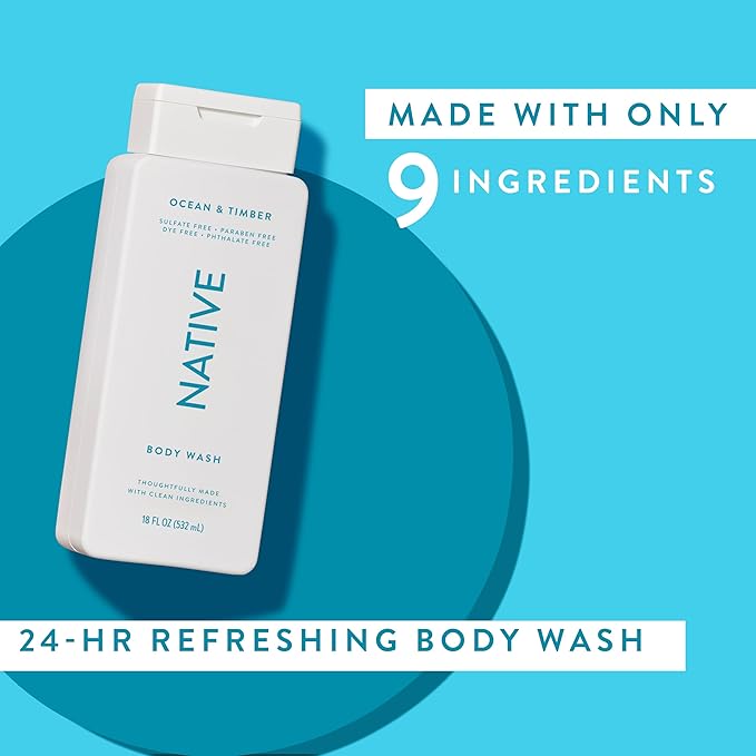 Native Body Wash Contains Naturally Derived Ingredients | For Women & Men, Sulfate, Paraben, & Dye Free Leaving Skin Soft and Hydrating | Ocean & Timber 18 oz - 2 Pk