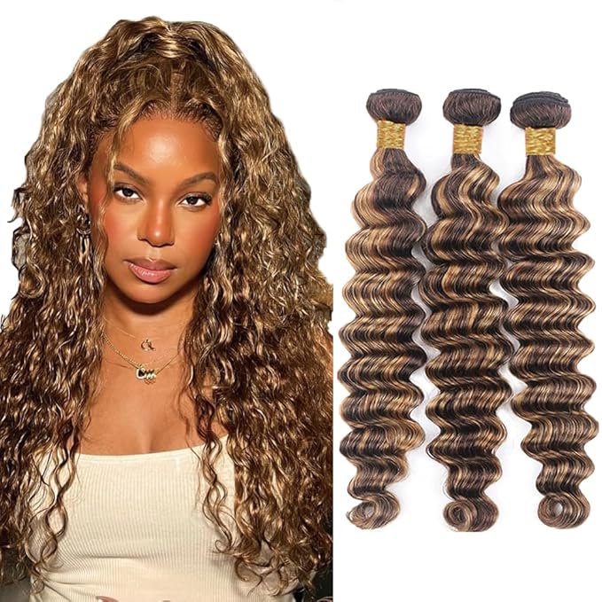 Freiuoke Honey Blonde Bundle Human Hair P4/27 Deep Wave Bundle Color 27 Pineapple Wave Bundles 16 18 20 Inch Brazilian Virgin Remy Hair 3 Bundles