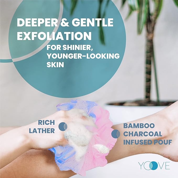 Yoove Loofah Back Scrubber w/Bamboo Charcoal Fiber Infused Bath Sponge, Wooden Handle, Luffa Pouf, Sponge Stick & Hanging Hook for Men & Women, Pink Loofah w/Handle, Loofa, Lufa Body Scrubber Stick