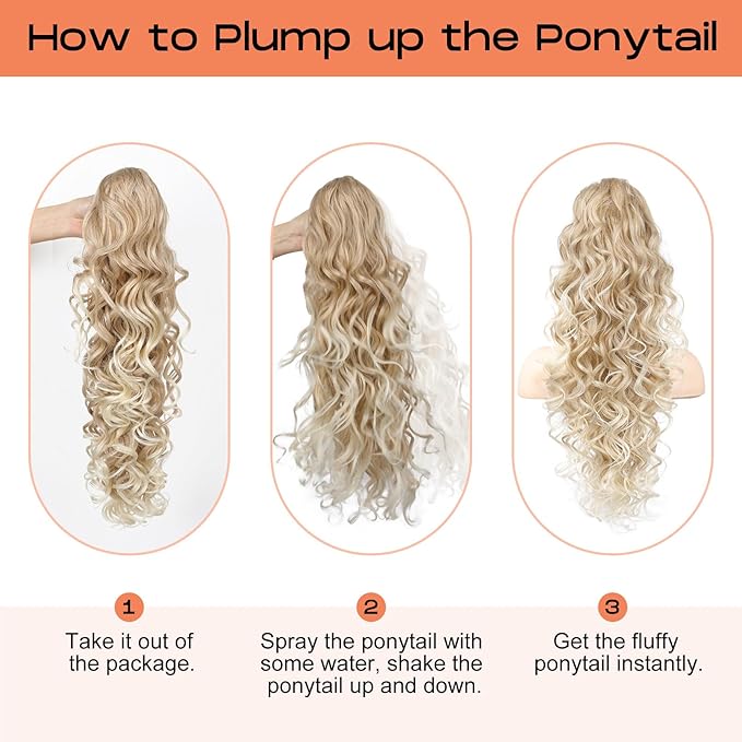 SEIKEA Ponytail Extension, 24" Fluffy Long Wavy Curly Claw Clip Hair Extensions Ponytail Multi-layered Clip in Fake Pony Tails Natural Soft Synthetic Hairpiece Light Brown with Blonde