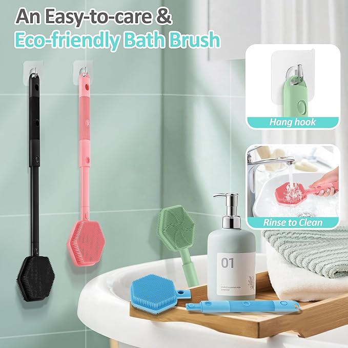 Silicone Back Scrubber for Shower, 16''-21''Extendable Shower Back Scrubber with Dual-Side Large Brush Head, 3-Length Back Brush Bath Brush with Strong Handle & Rich Foaming Bristles(Green)
